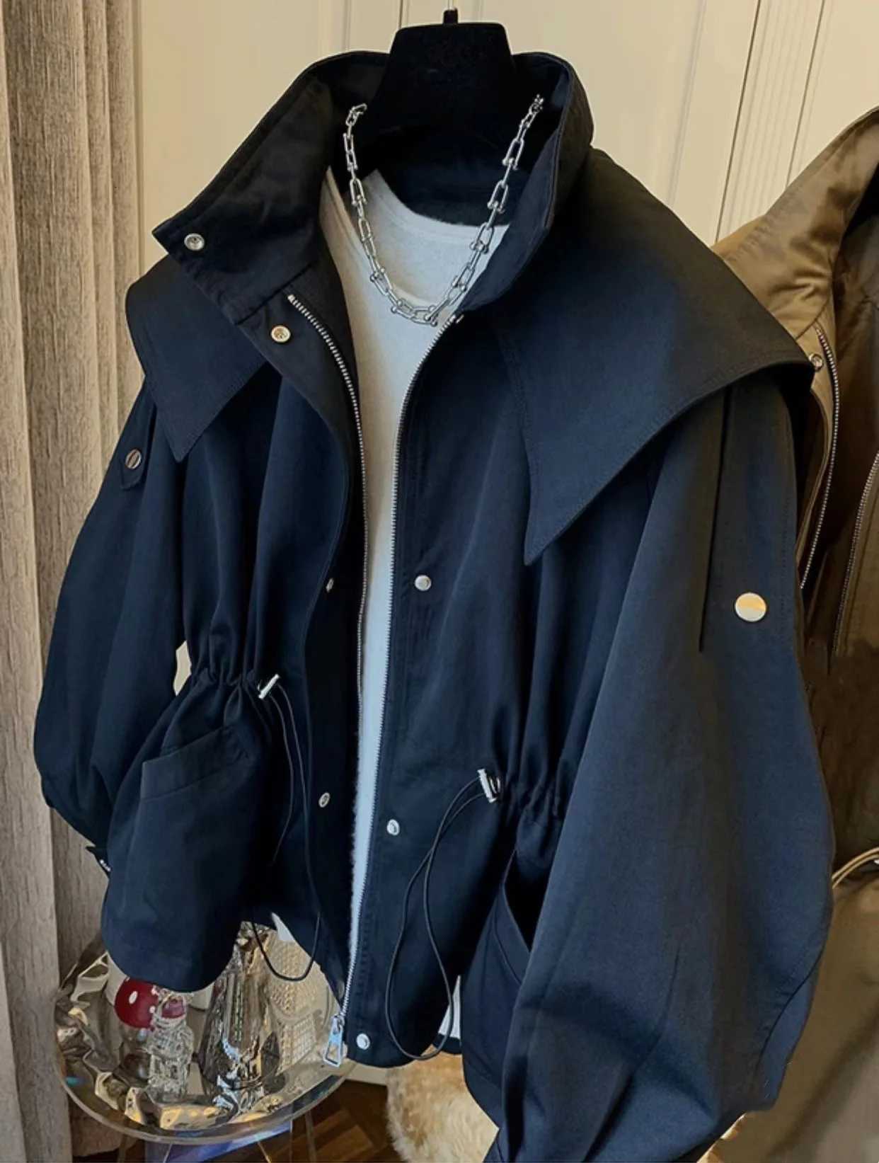 Autumn Women Elegant Oversized Hooded Trench Coat Pocket Long Sleeve Zipper Drawstring Tie Loose Leisure Wind Breaker Jacket1 Y251105