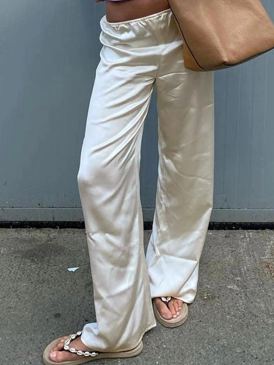 Chic Satin Wide Leg Dress Pants Womens Stylish Elastic Waist Loose Fit Long Trousers for Streetwear Work Solid Color 251022