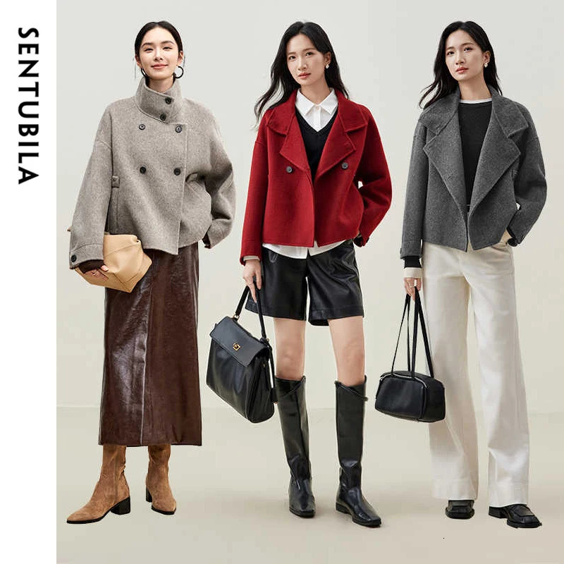 SENTUBILA 100 Wool Coats For Women Winter Jackets Stand Turtleneck Double Sided Short Outerwears Female Clothes W44O56626 251020