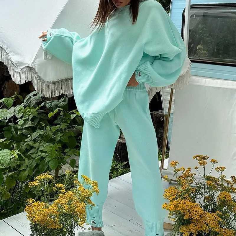 Elegant Oneck Pullover Long Pant Sweater Outfits Women Casual Long Sleeve Loose 2 Piece Suit Fashion Ripped Knitted Solid SetT251022