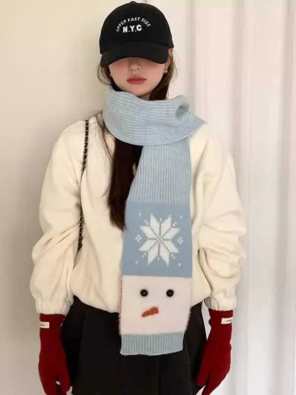 Womens Winter Warm Neck Scarf With Wool Christmas Atmosphere Fluffy Snowman And Snowflake Design Versatile Small Neck Warmer J251022