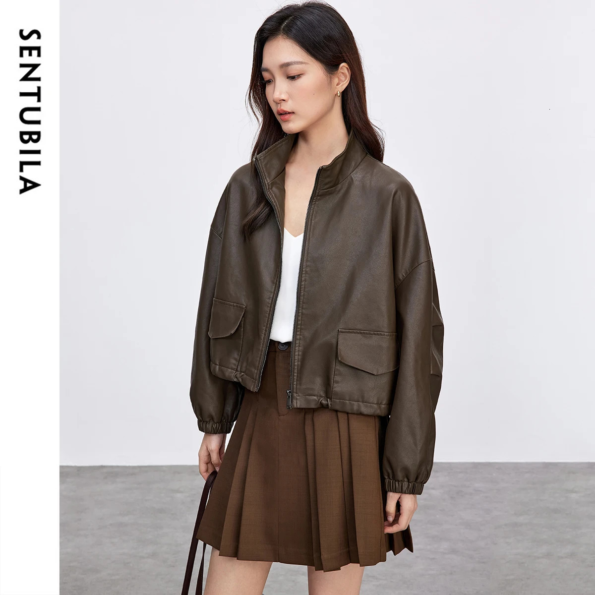 SENTUBILA Leather Jacket Women Autumn Fall Fashion Vintage Commute Loose Stand Collar Folds Pu Short Outerwears W51G87928 251017