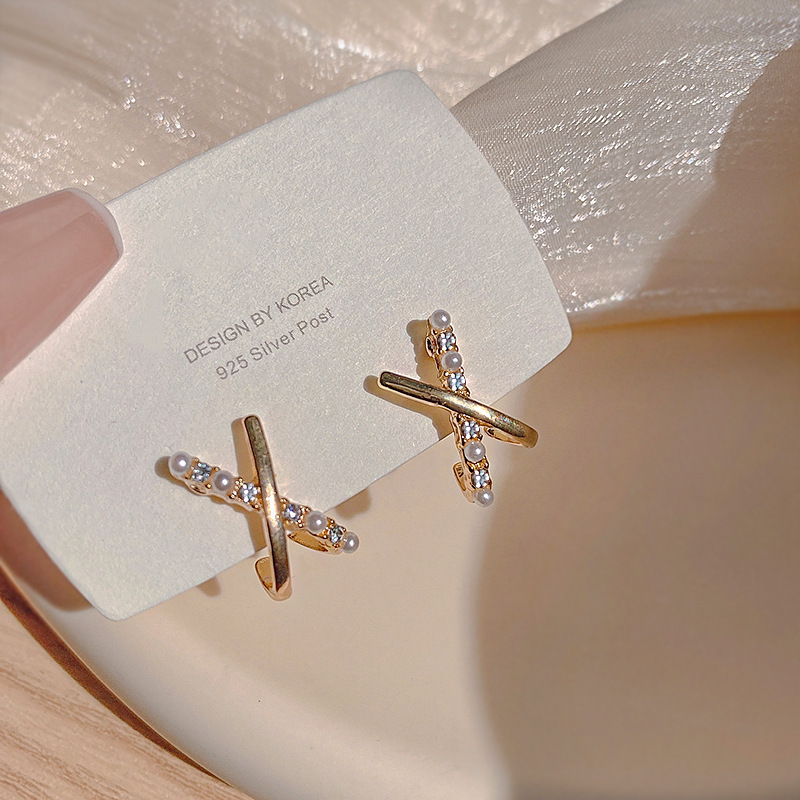 Designer earrings Simple and luxurious zircon inlaid earrings with tassels crossed pearl earrings free shipping diamond earrings luxury earrings