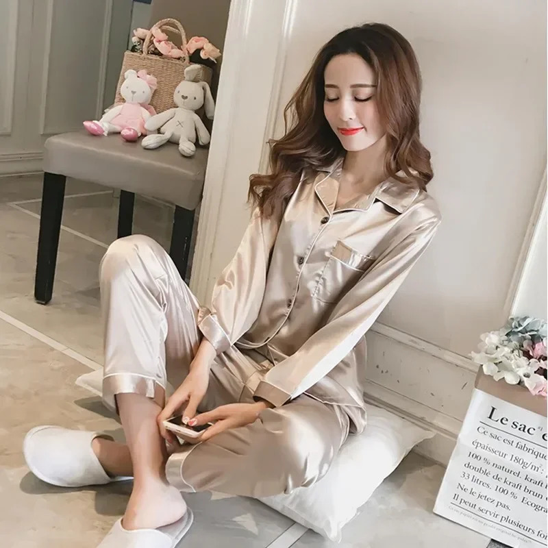 Silk Pajamas for Women 2025 Sexy Silk Women Pijama Sets Sleepwear Longsleeve Cardigan Female Ice Silk Home Pijama Mujer Verano 251022