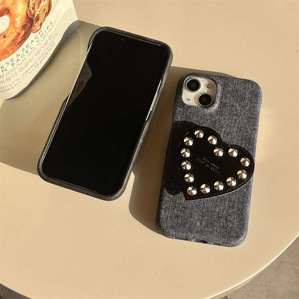 Cute Compatible with iPhone 17 Pro Max Case, Denim Leather Texture Rivet Heart Stand Phone Case Protection Soft Cases for Women Girls