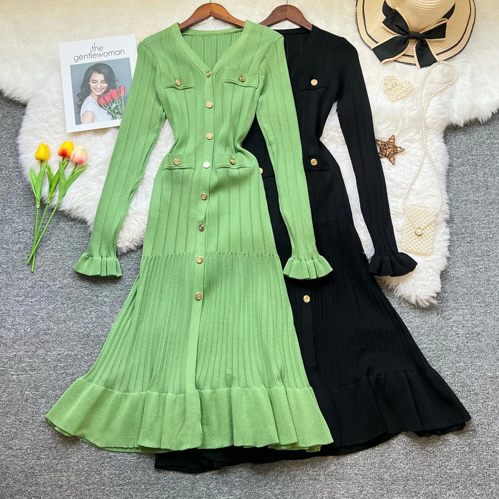 YuooMuoo Woman Dresses Autumn Winter Vintage Patchwork Knitted Midi Dress Elegant Vneck Lady Ruffled Shirt Sweater Dress 251020