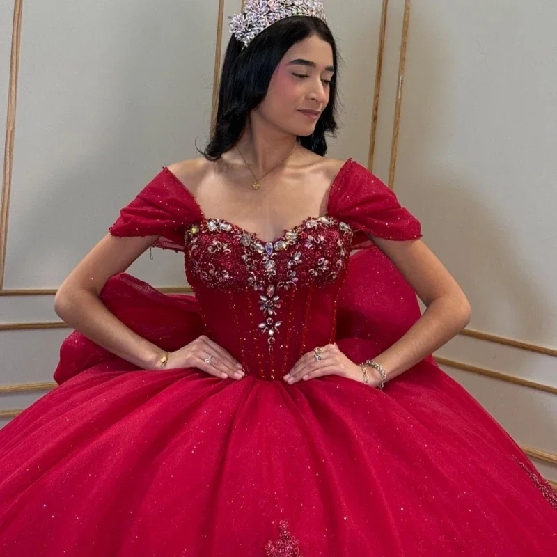 Mexican Red Ball Gown Quinceanera Dresses For Sweet 16 Years Party Dress Applique Lace Beads With Big Bow Vestidos De 15 Anos