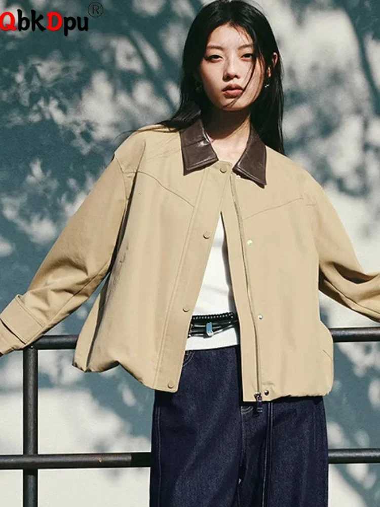 Korean Fashion Spliced Outerwears Women Casual Lapel Neck Zipper Loose Jackets Tops Spring Fall Long Sleeve Chaquetas Blusas New Y251105