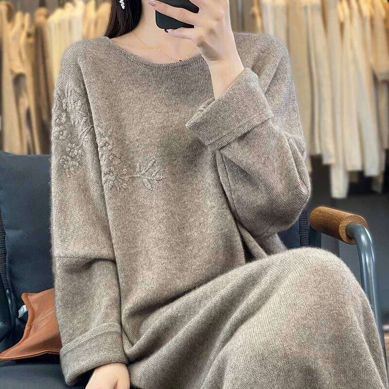 Women's Plus Size Cashmere Dress Round Neck Loose Fit Lazy Wind Embroidery Pure Wool Knitted Sweater For Autumn Winter 251022