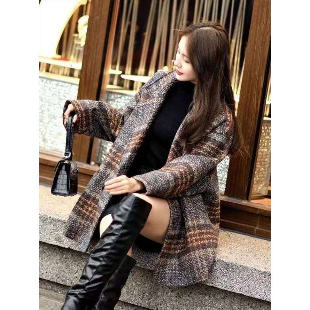 Tweed Blends Women Elegant Fashion Korean Autumn Winter Coat Streetwear Casual Slouchy Plaid Aesthetic Clothing Outwear Womens