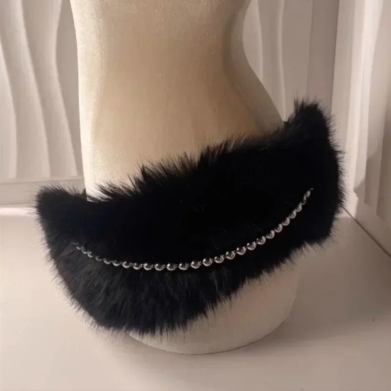 Y2K Vintage Faux Fur Belts Metal Bead Chain Plush Waist Chain Furry Fur Sexy Cowgirl Waistband Punk Belt Jeans for Night Club 251013