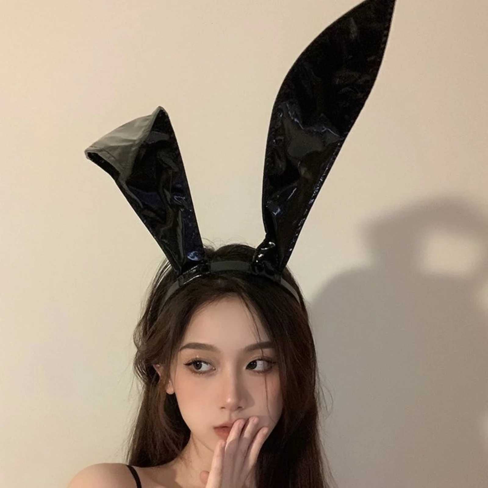 1PC Halloween Bunny Girl Patent Leather Rabbit Ears Headband Black Bunny Ear Hair Hoop For Cosplay V251022