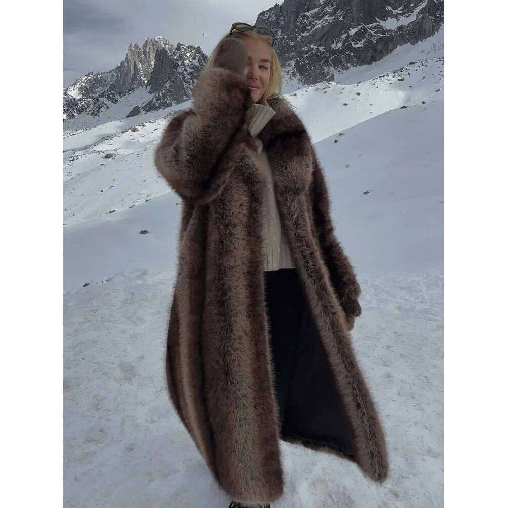 Lapel Long Faux Fur Coat For Women Solid Full Sleeve Furry Loose Jackets Fashion Ladies Winter Warm High Street Outerwear