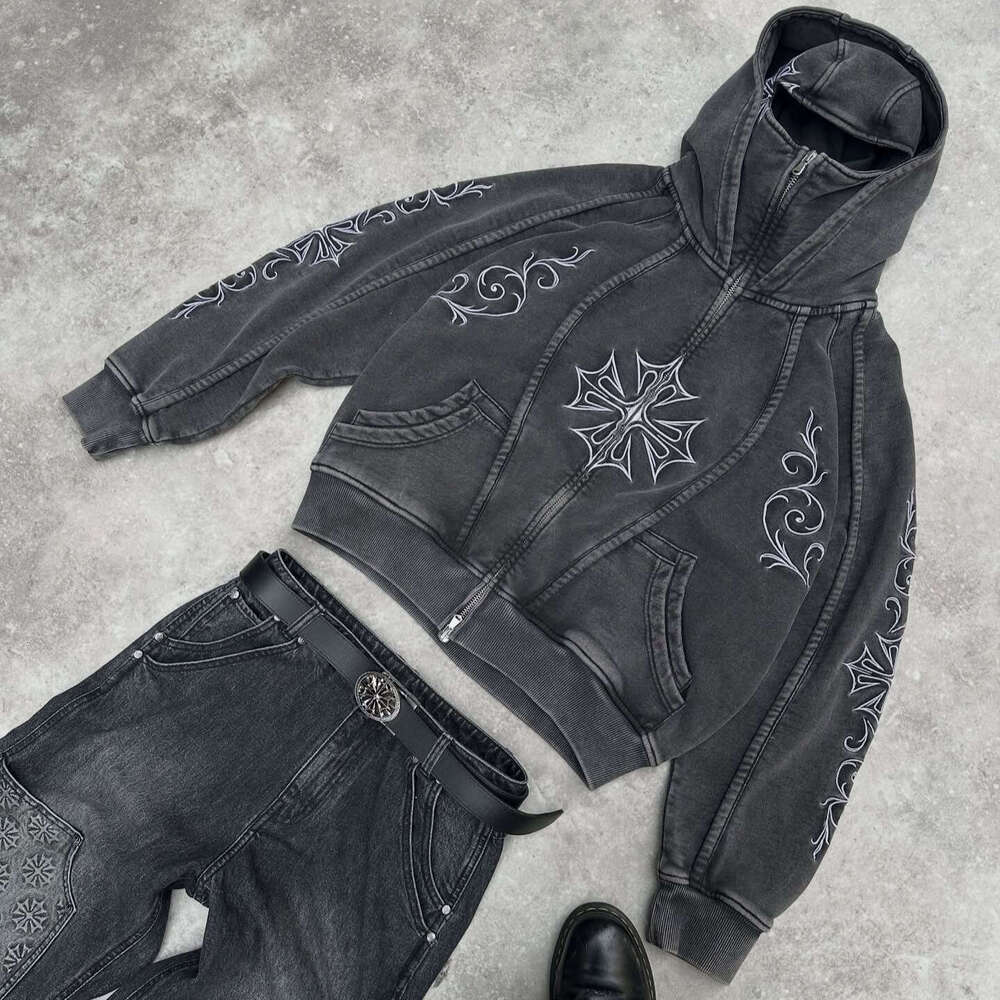 Trendy Brand Winter New Washed Vintage Personalized Embroidered for Men Street Gothic Style Double Hood Sweatshirt