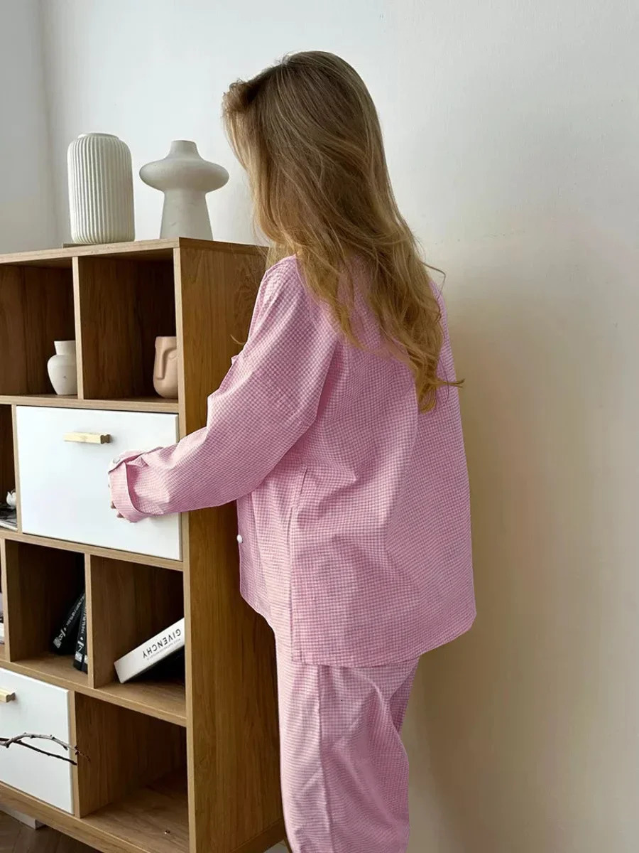 Blubelle Autumn Plaid Splicing Pajamas Twopiece Set Womens Fashionable Loose Long Sleeved Pants Casual Set Home Wear 251022