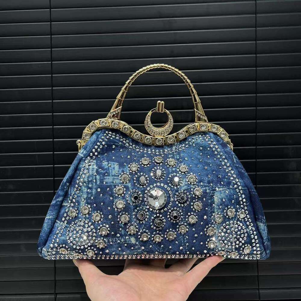 Women's Elegant Y2k Street Style Blue Floral Rhinestone Bag With Detachable Strap & Clasp Closure - Versatile For Work, Commuting, Dating, Partie