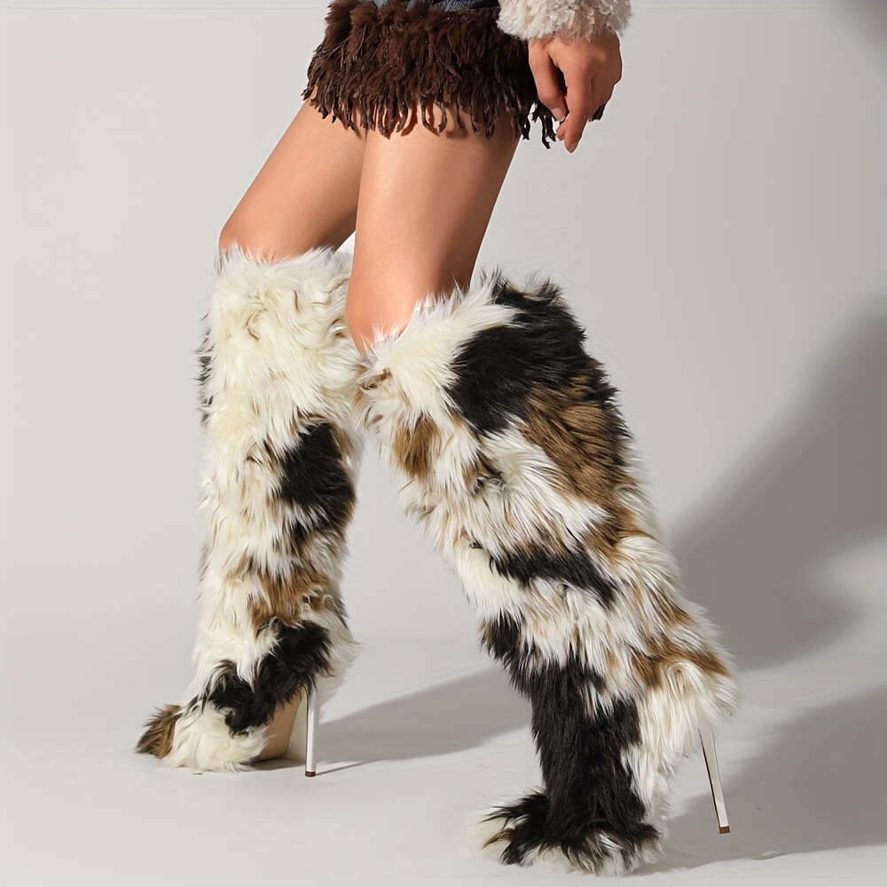 Woman's Faux Fur Knee-High With Kitten Heel Furry Fluffy Pointed Toe Winter Comfy Plush Warm Boots