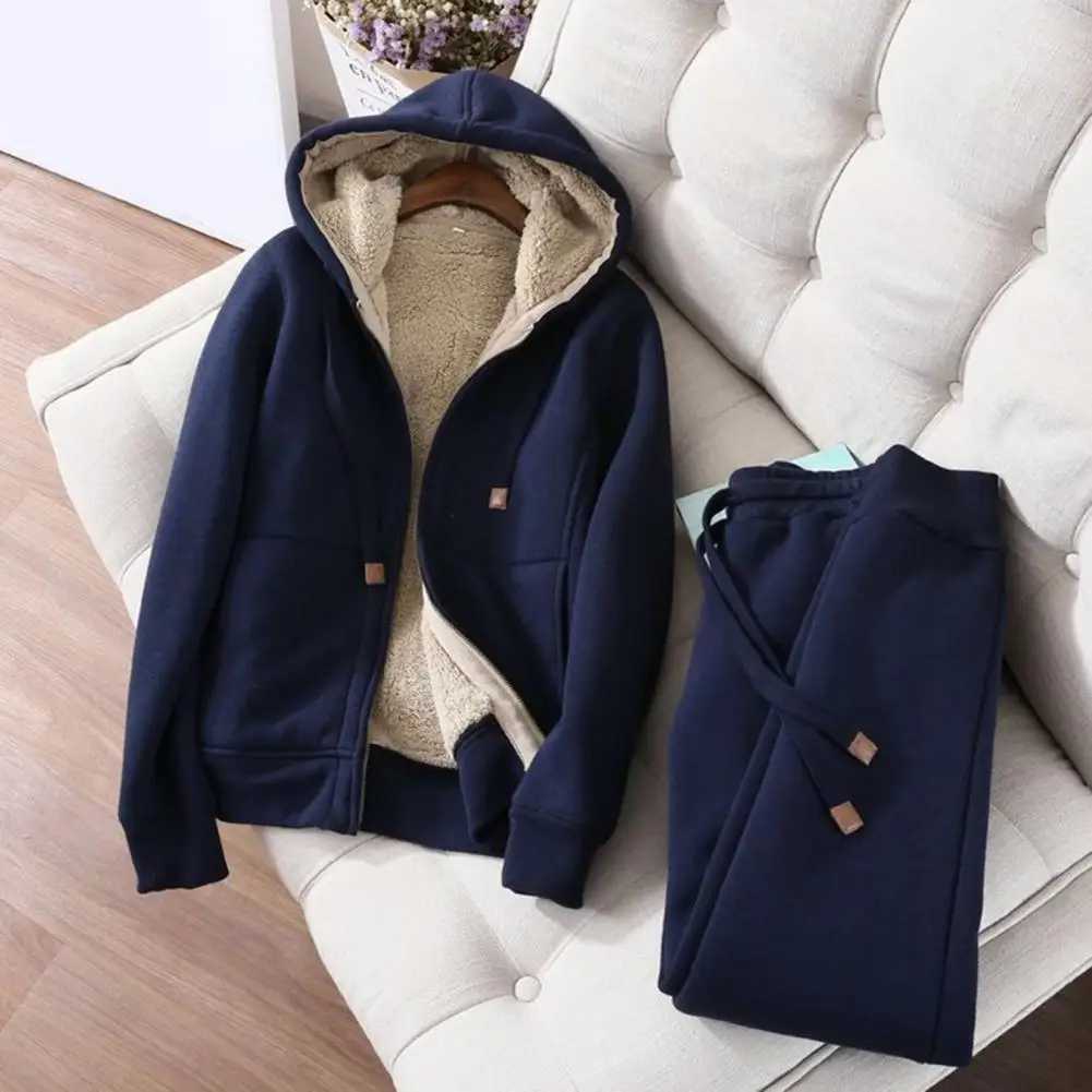 Womens Sweatshirt Pants Suit Autumn and Winter Warm Longsleeved Fleece Thick Hoodie Coat Jogger Pants Sportswear Twopiece SetT251022