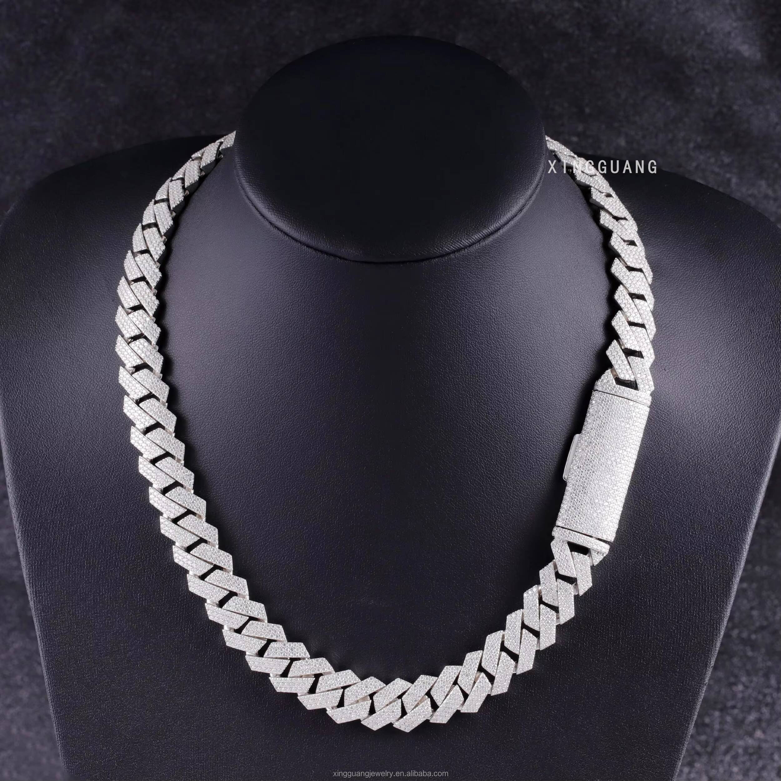Hip Hop Iced Out 15mm 20mm Wide Necklace 3Rows Moissanite Diamond 925 Silver Gold Plated Cuban Lidynamic Chain with GRA Certificate