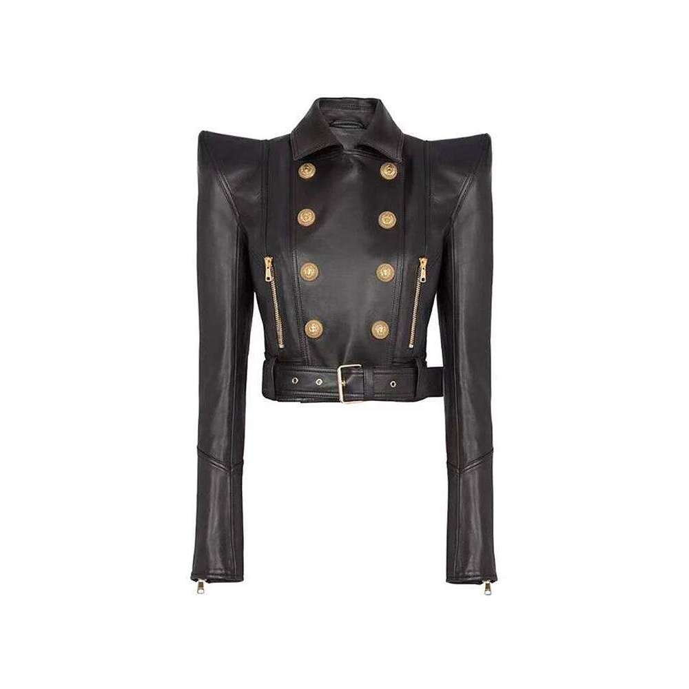 HIGH STREET New Fashion 2025 Designer Women's Peak Shoulder Double Breasted Lion Buttons Faux Leather Moto Jacket