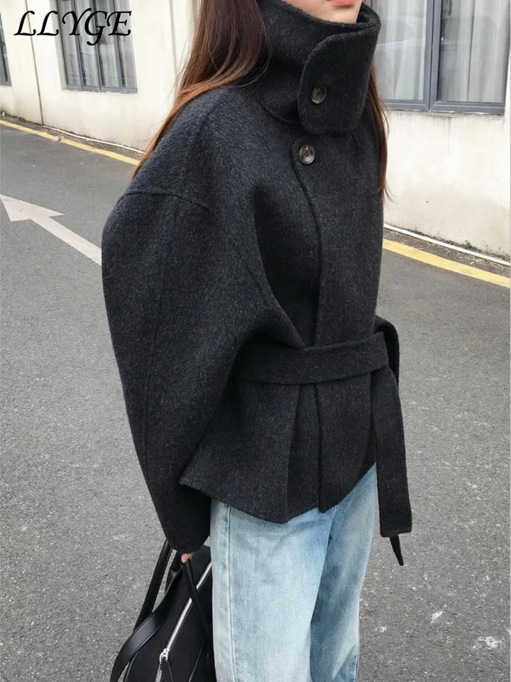 Street Womens Belt Stand Collar Woolen Coats Chic Single Breasted Full Sleeve Jacket Autumn Winter Lady Commute Outwear 251021