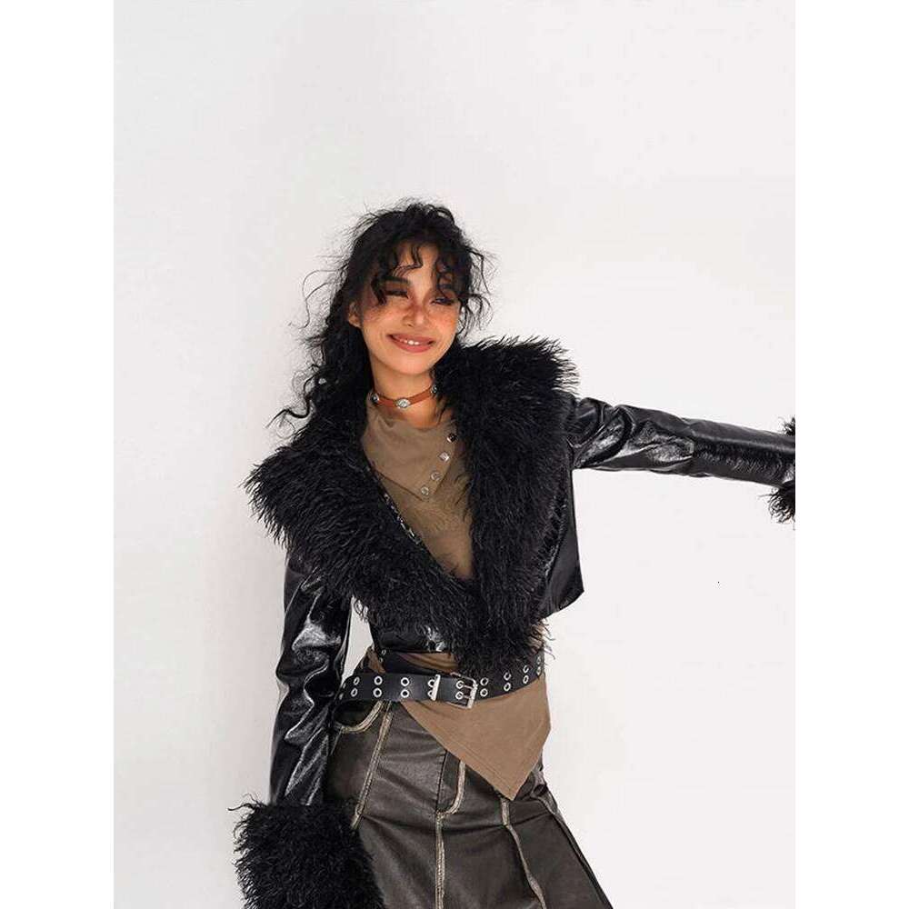 Winter Women Fur Gothic Pu Faux Leather Racer Jacket Crop Grunge Outwear Japanese Abi Y2k Dark Academia Coat Haruku