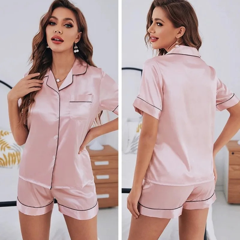 Summer Pijamas Sets Women Sleepwear Silk Satin ButtonDown Short Sleeve Tops and Shorts Twopiece Loungewear 251022