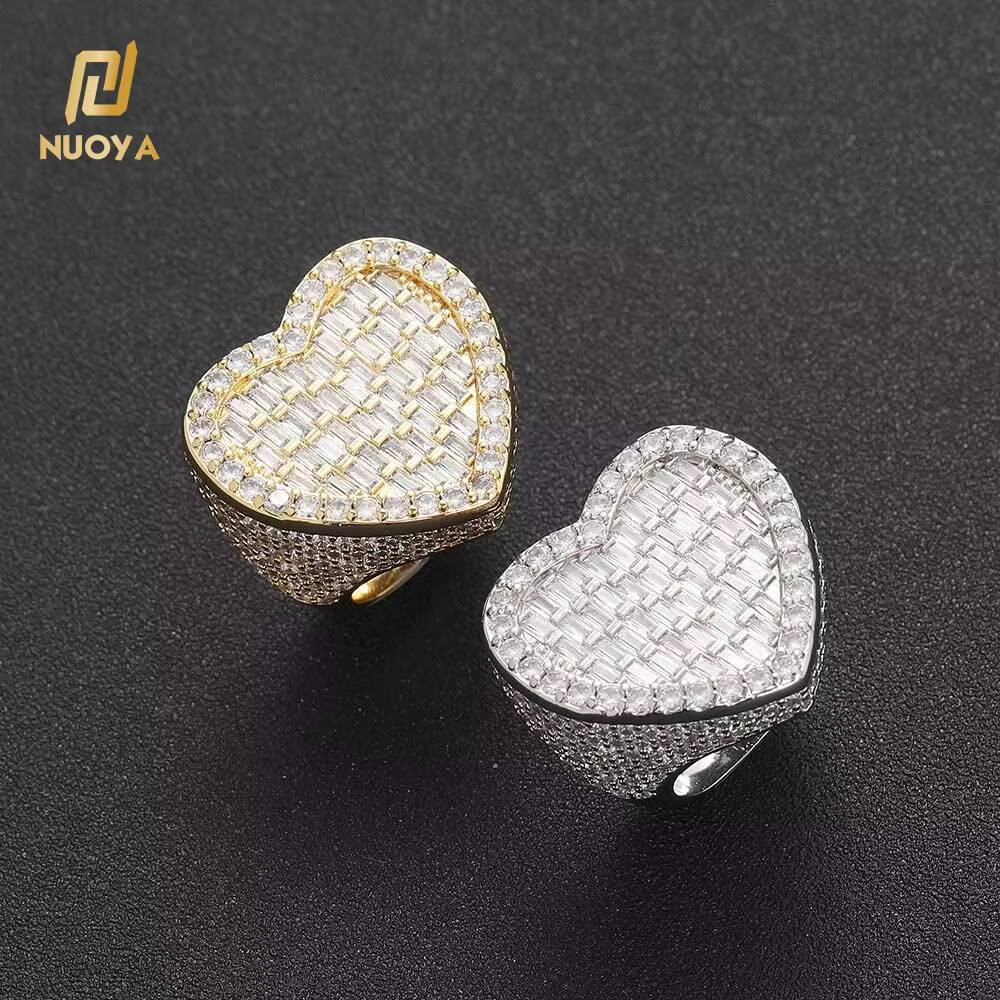 Nuoya Hip Hop Jewelry Iced Out Diamond Heart Ring Bling Baguette CZ Stone Lager Size Heart Ring Wome