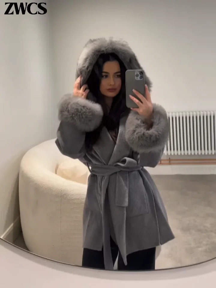 Hooded Fur Patchwork Laceup Woolen Coat Womens Street Lapel Pockets Full Sleeve Overcoats Winter Ladies Chic Outwear 251020