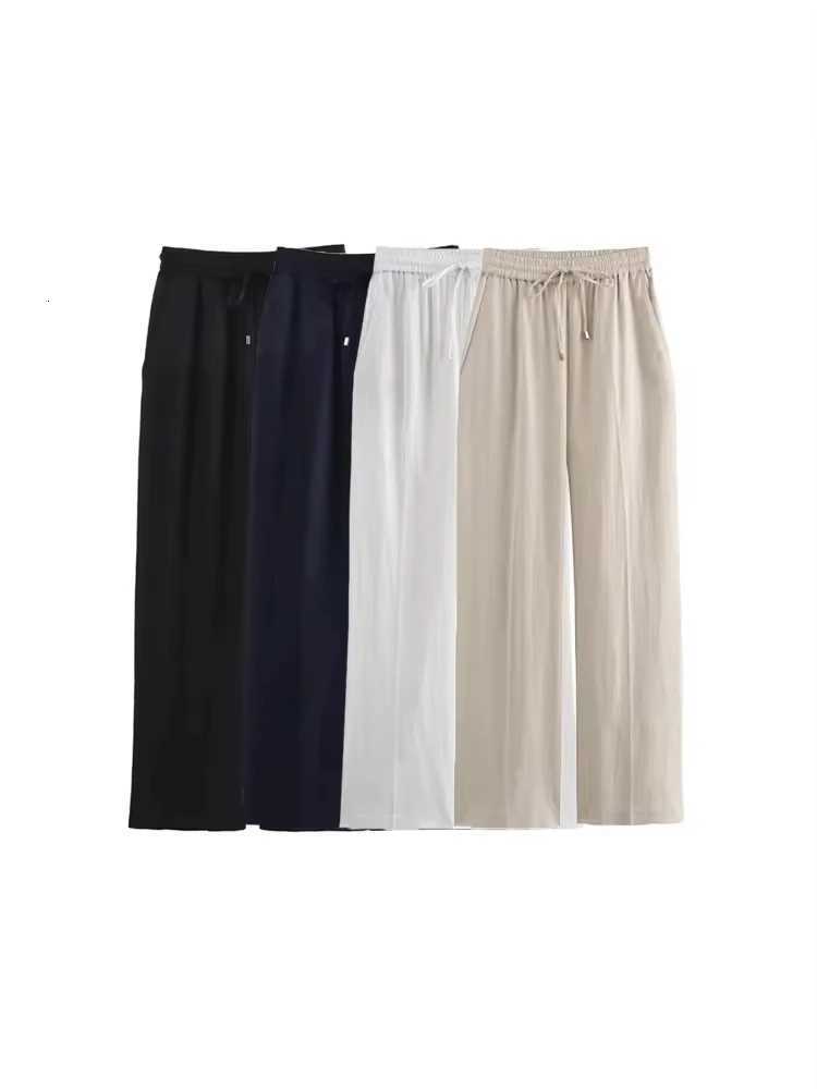 Womens Straight Pants with Front Pockets High Elastic Waist Drawstrings Female Trousers Chic FashionT251022