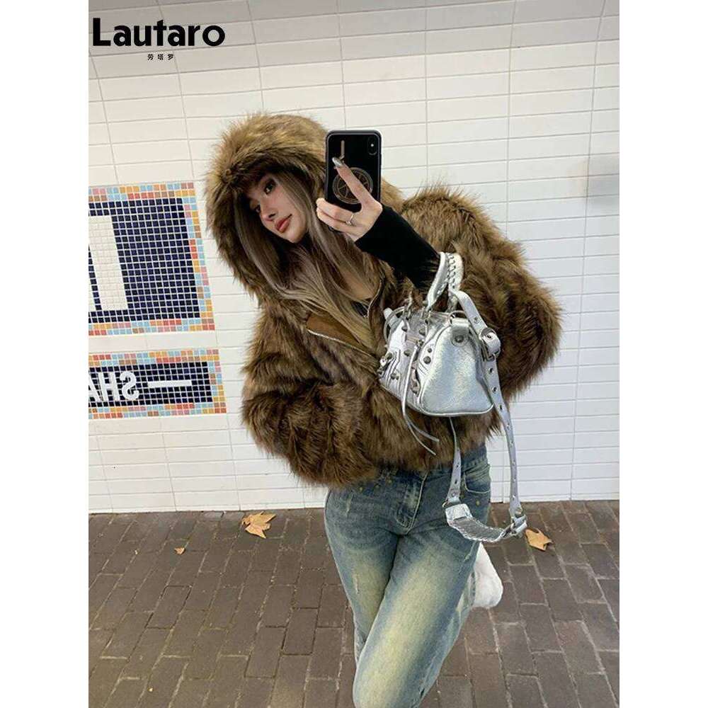 Lautaro Autumn Winter Chic Short Soft Thick Warm Hairy Shaggy Faux Fur Coat Women with Hood Zipper Fluffy Jacket 2024