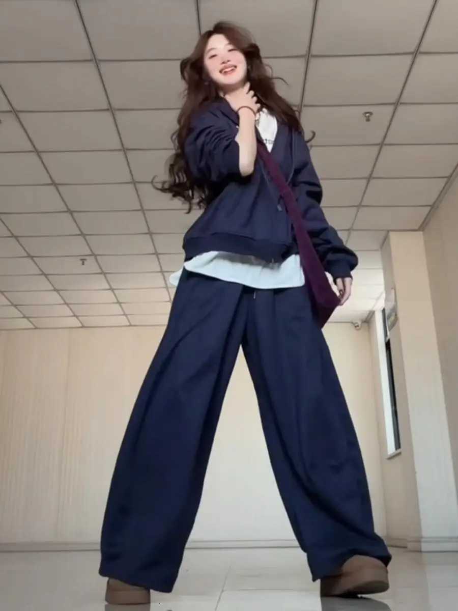 Tibetan Blue Womens Sportswear Set Korean Style Lazy Student Hooded Hoodie Sweatpants Loose Casual TwoPiece Spring OutfitT251022