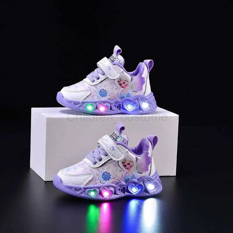 Disney 2025 Girls Lovely Cartoon Sneaker Children Fashion Lightweight Spring Mesh LED Luminous Sports Shoes Winter Warm Light UP Shoes H251022