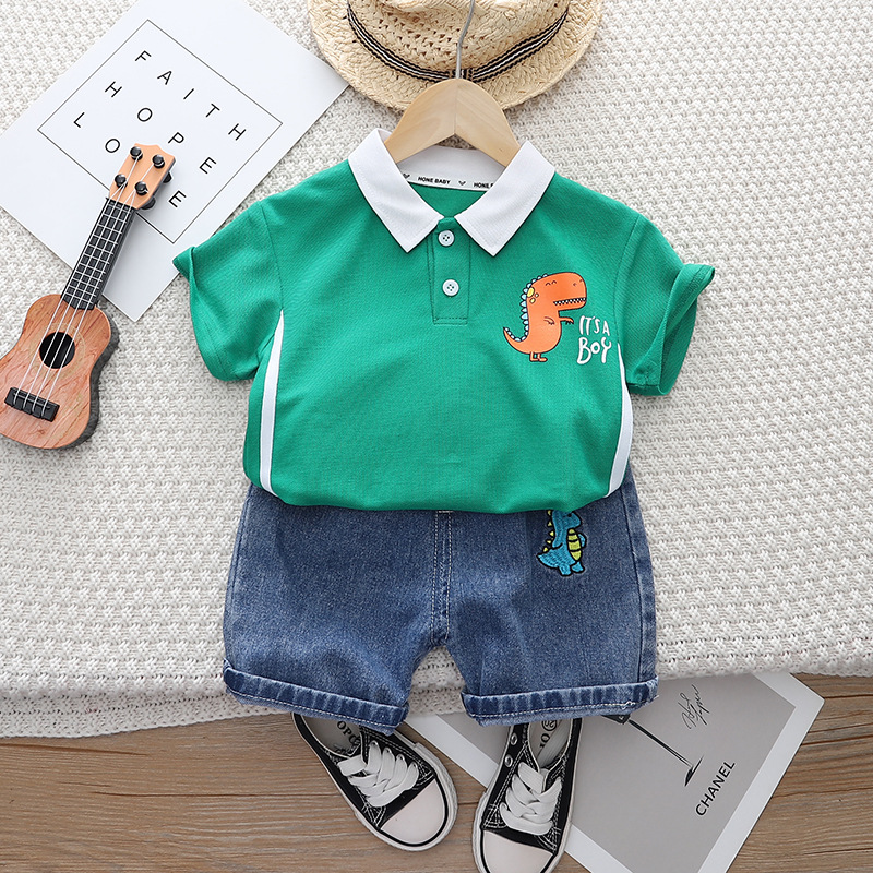 Free Shipping Dinosaur Print Boys 2-Piece Set, 2025 New Polo Shirt and Shorts Outfit, Summer Sports Clothes for Baby Boy
