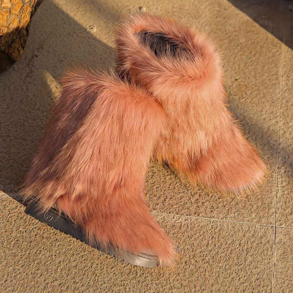Trendy Fuzzy Faux Fur Plush Thermal Furry Boots, Casual Versatile Flat Wear Resistance Non Slip Snow Shoes