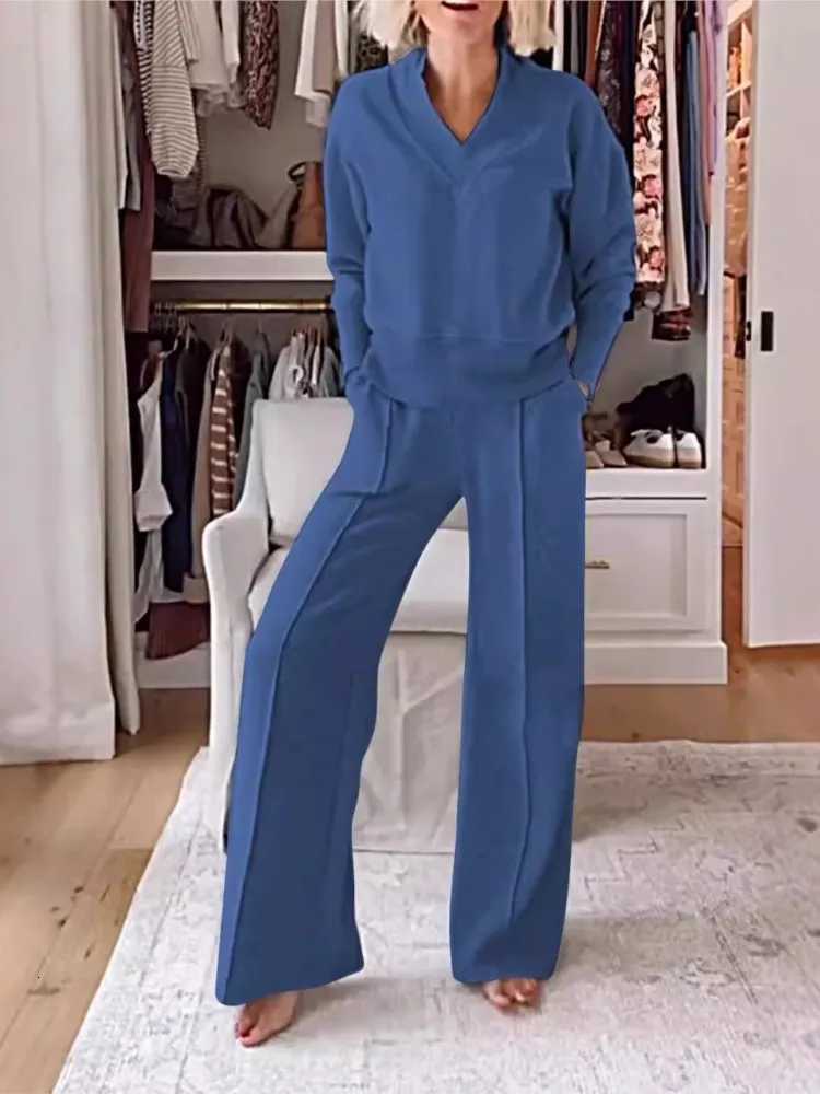 Casual Loose Sweatshirtpants Two Piece Sets Women Fashion Vneck Pullover Sweatshirts Outfits Autumn Winter Wide Leg Pants SuitT251022