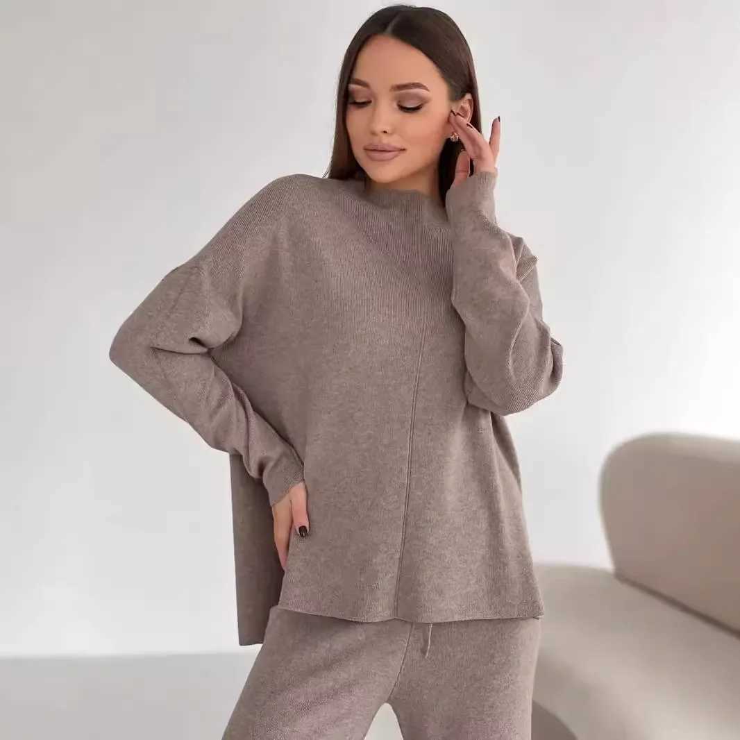 Knitting 2 Piece Set Women Pullover Sweater Pants Suit Knitted Top Half High Collar Jumpers Trousers Outfits Autumn WinterT251022