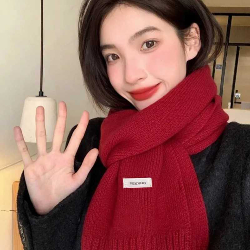 Winter Christmas New Years Wool Solid Color Scarf Womens Cashmere Knitted Korean Versatile Soft Thickened Warmth Muffler J251022