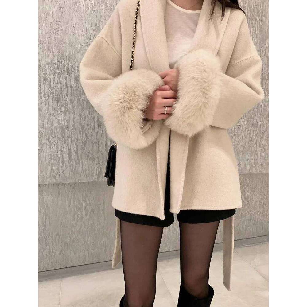 Elegant Lace Up Woolen Short Coat Solid Loose Lapel Furry Belt Long Sleeve Jacket Female 2025 Autumn Winter Lady Chic Cardigan