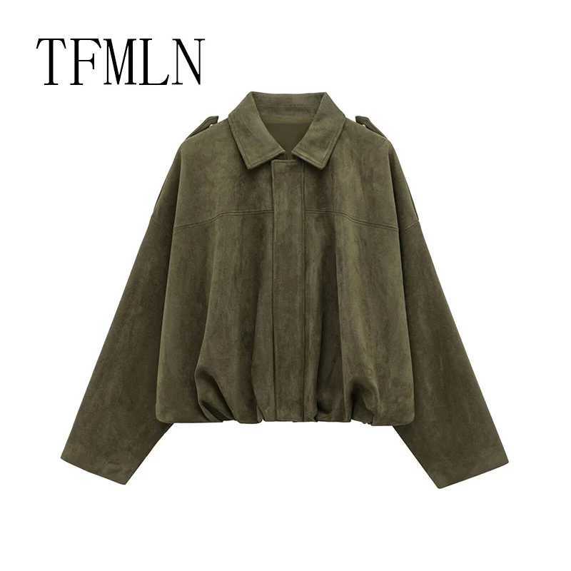 TFMLN New Fashion Suede Fabric Women Bomber Jackets 2025 Causal Long Sleeve Zipper Loose Coats Cropped Jacket Outwear1 Y251105
