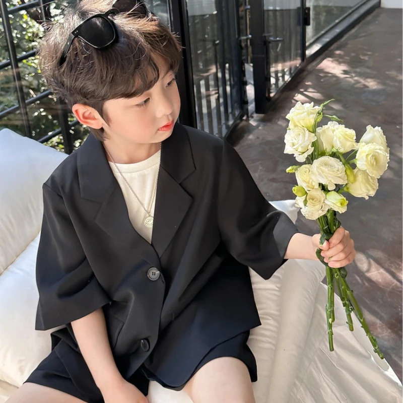 Boys Summer Suit Set Korean Style Black Short Sleeve Blazer Shorts Outfit 2Piece Casual Loose Formal Wear for Kids Age 38 Year 251021