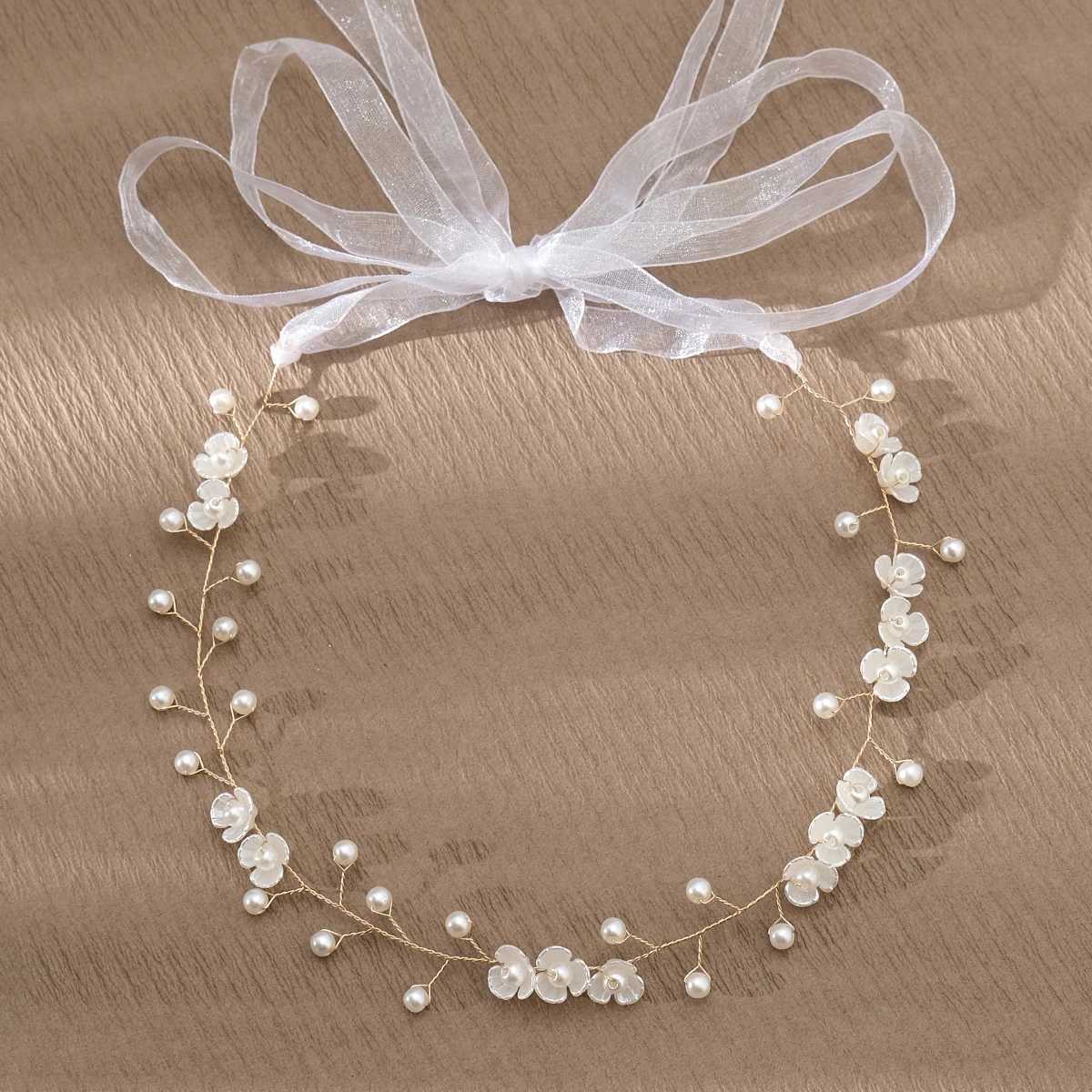 Gold Pearl Flower Hairband Fashion White Acrylic Handmade Beaded Headband Princess Prom Party headdress Costume Accessories V251022