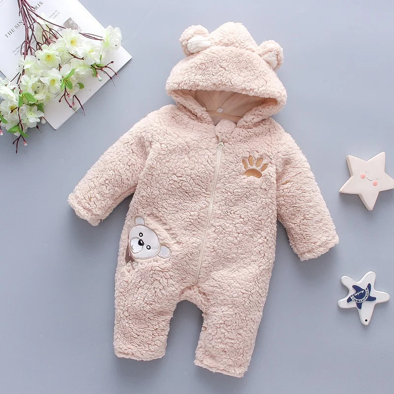 Lamb hair cartoon bear embroidered baby jumpsuit winter girl long sleeved crawling suit thickened 251022