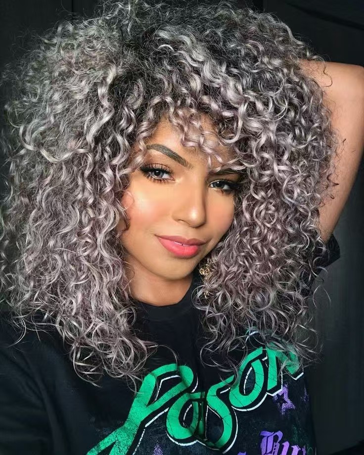 Elegant Salt and pepper ceramic deep Curly gray Human Hair Wigs gradient two tone silver Short Grey Wig for Black Women None Lace natural hair wig