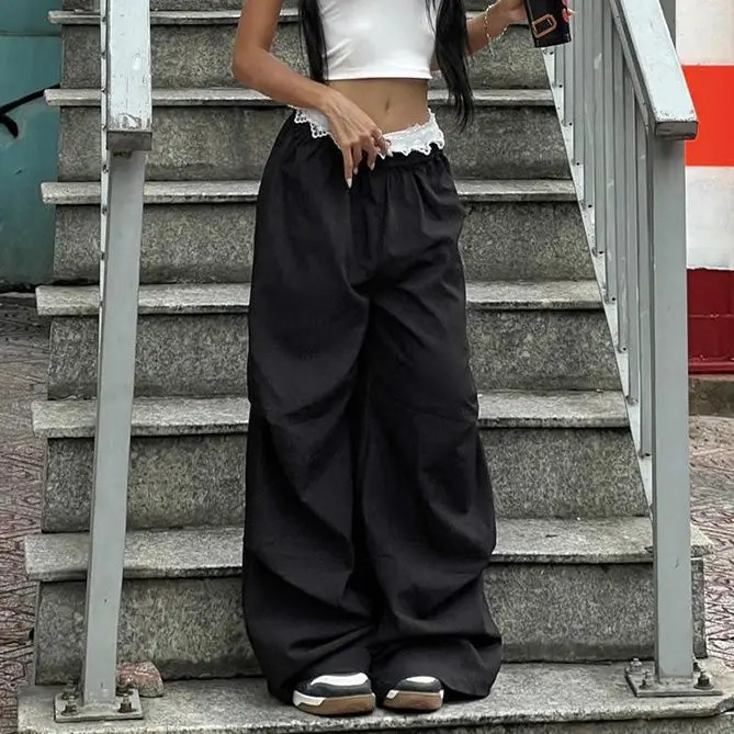 Street Lace Embroidery Casual Pants Womens Low Waist Loose Look Thin Spicy Girl Wide Leg Pants 251022