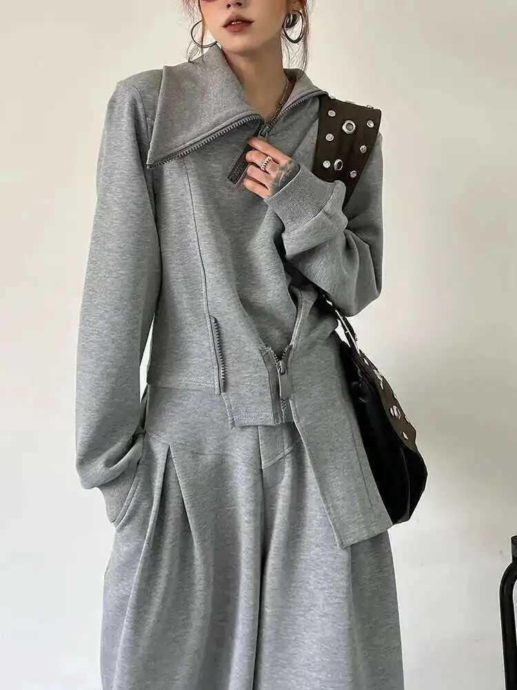 BJTZ Casual Irregular 2 Piece Set Womens 2025 Spring Autumn Trendy Stand Collar Zipper Design Hooded High Waist Wide Leg PantsT251022