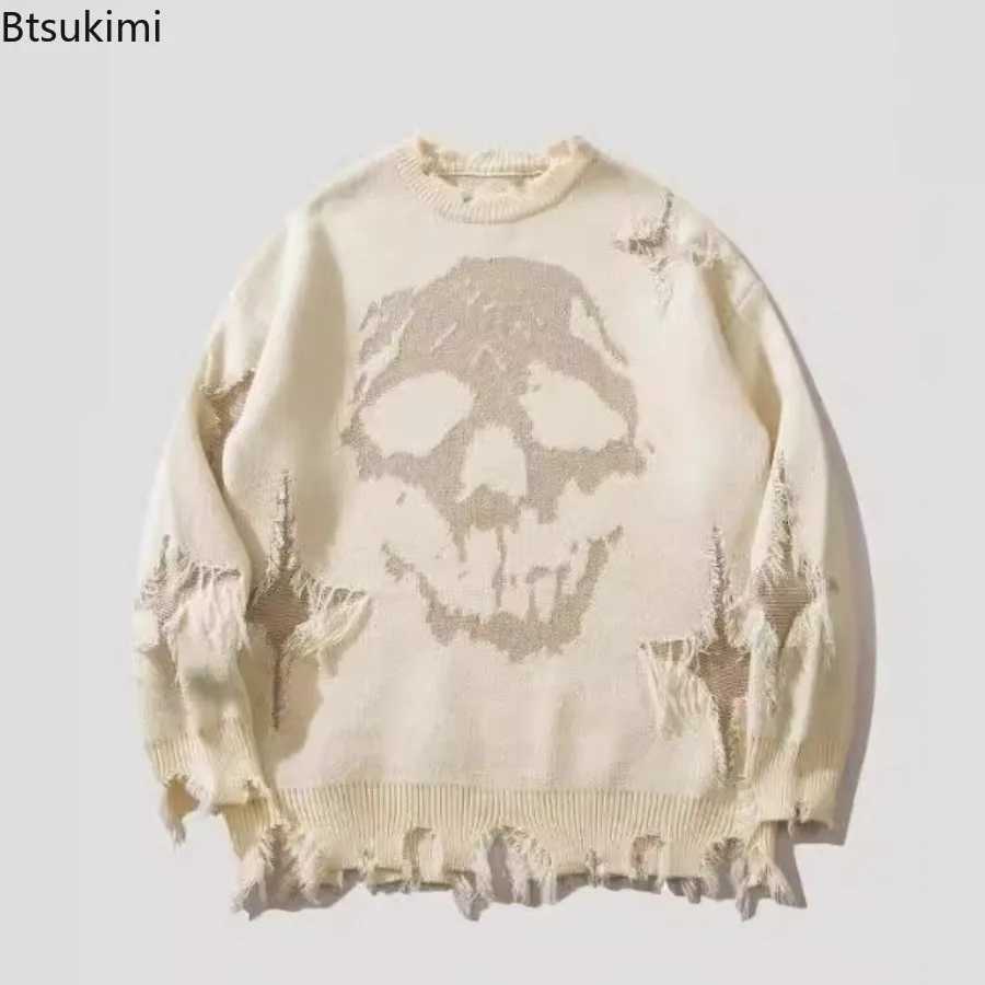 Autumn Winter Men Womens Hip Hop Knitted Sweater Skull Pattern Printed Jacquard Hole Loose Pullover Tops Casual Sweaters MenXJ251022
