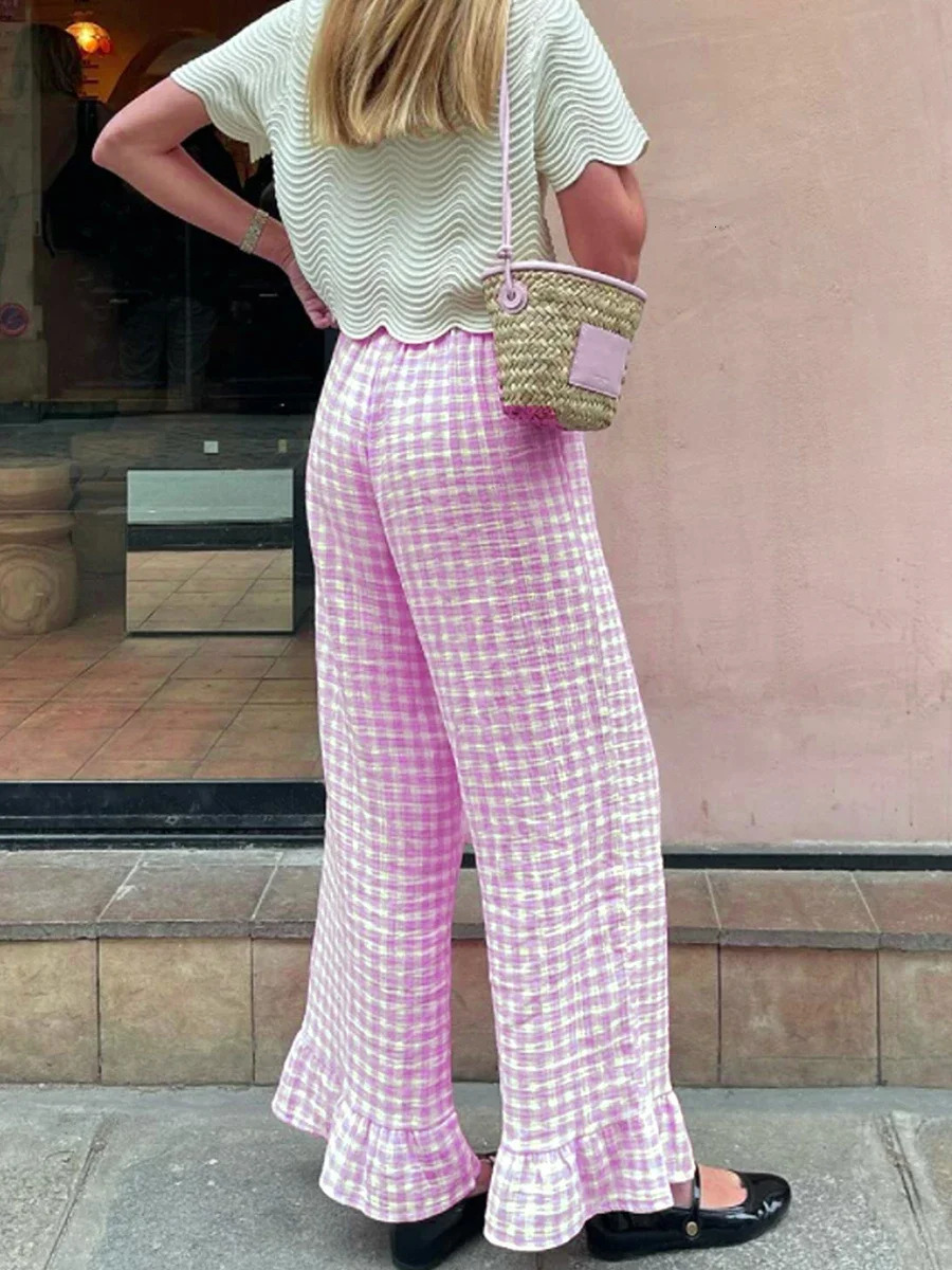 Fashion Plaid Flared Pants Women y2k Vintage Ruffle Hem Pleated High Waist Pants Summer Straight Leg Holiday Trousers 251016