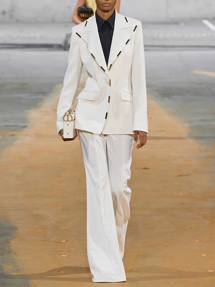 HIGH STREET Newest 2024 Designer Runway Suit Set Womens Single Button Metal Block Blazer Flare Pants SetT251022