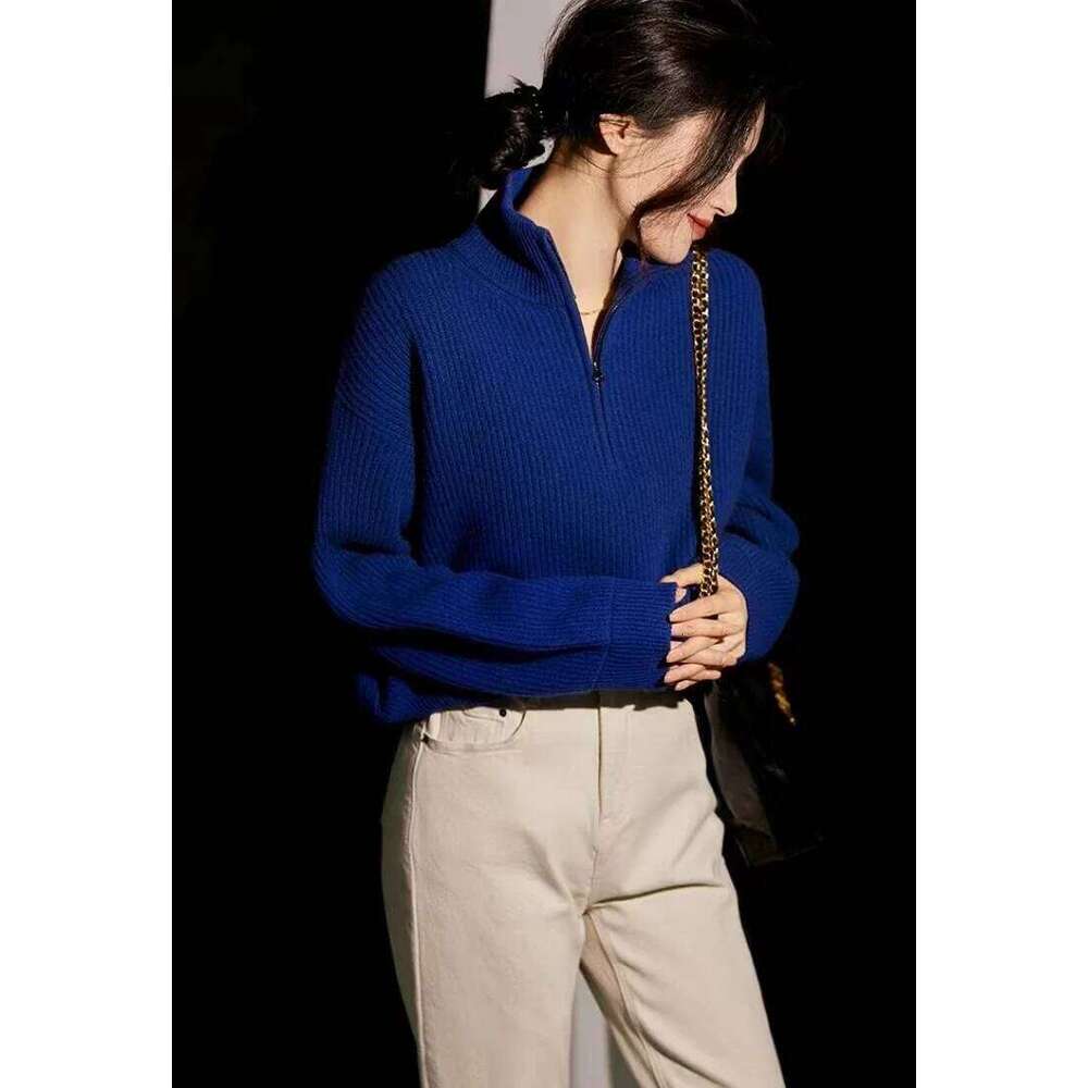 Women's Italian Craft 100% Pure Cashmere Half Zipper Stand Collar Thickened Loose Lapel Pullover Knitted Sweater 251022